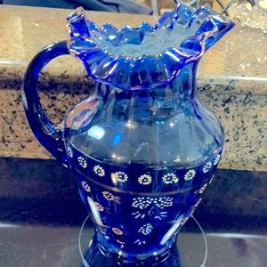 Pitcher Blue Crimped Top Enamel Flowers Gold Trim Victorian Style Vintage